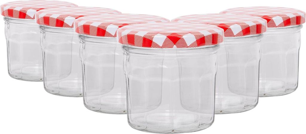 6x 150ml Marmeladengläser mit Rote Gingham Deckel - Leer Schraubenkopf Küche Essen Honig Würzen Konservieren Einmachen Lagerung Glas-Set - Von A...