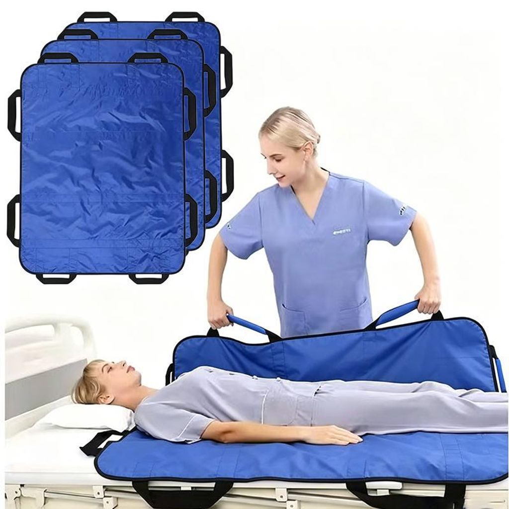 3er-Set Patienten-Transfermatten 122 x 102 cm, mit 8 Griffen, bis 180 kg belastbar, waschbar, für Bettpflege, Blau