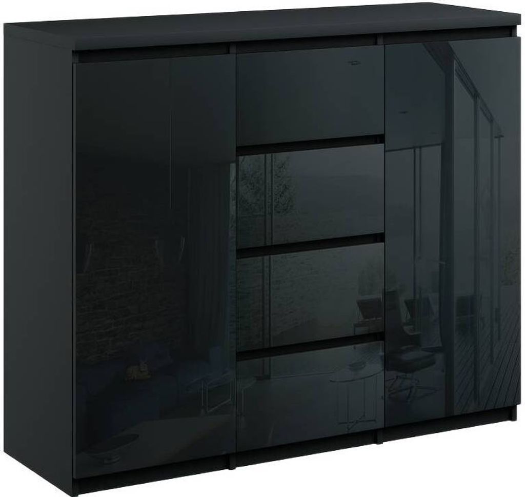 Kommode mit 4 Schubladen 2 Schränke 120cm Klamotenschrank Schwarz Hochglanz