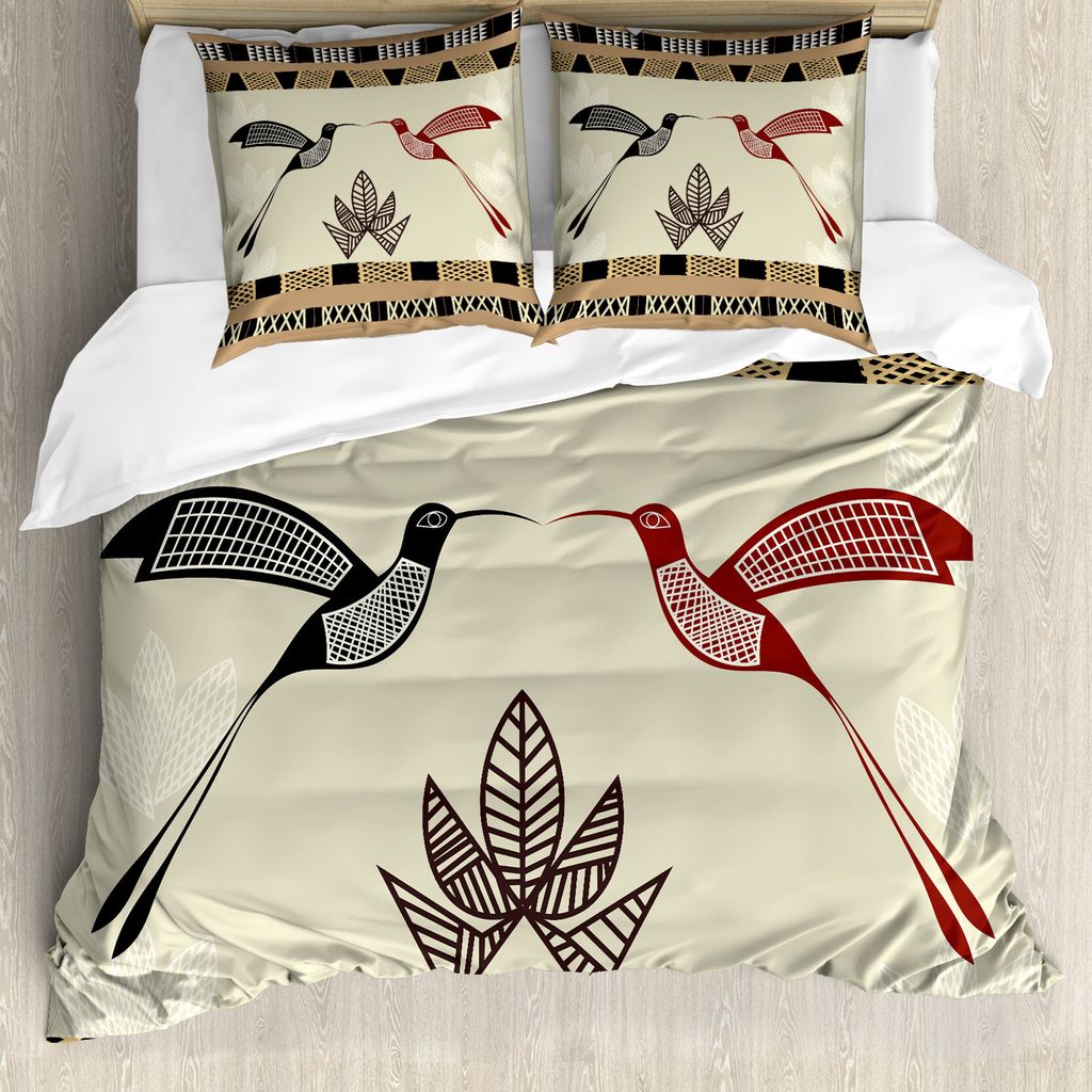 ABAKUHAUS Kolibri Bettbezug, Bambusblatt-Vogel-Kunst, Milbensicher Allergiker geeignet mit Kissenbezügen, 155 cm x 220 cm - 80 x 80 cm, Braun schwarz
