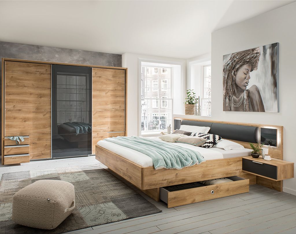 Schlafzimmer Set 4-teilig VIESTE-43 mit Bett 160x200 in graphit mit Eiche