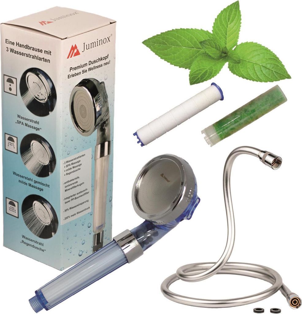 Juminox Premium Set Duschbrause Duschkopf Duschkopf Handbrause 3 Fach verstellbar, Duschschlauch Glatt Silber Flexibel 1,5 m chrom 1/2, Aromafilter...