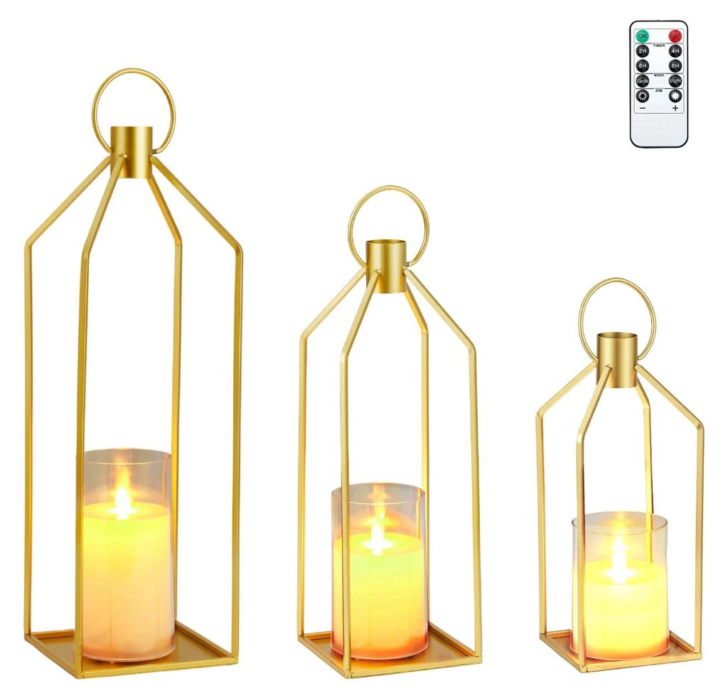 LED Laternen 3er Set - Moderne Metall Laternen - Flackernde flammenlose Kerzen - Tischdeko und Balkondeko - Kamin Centerpiece - Goldfarben