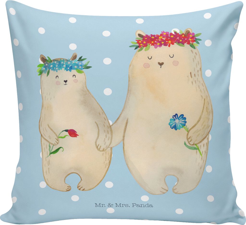 Mr. & Mrs. Panda Kuschelkissen Bären mit Blumenkranz - Blau Pastell - Geschenk, Lieblingsmensch, Mama, Family, Polster, kissen für sofa, Sofakiss...