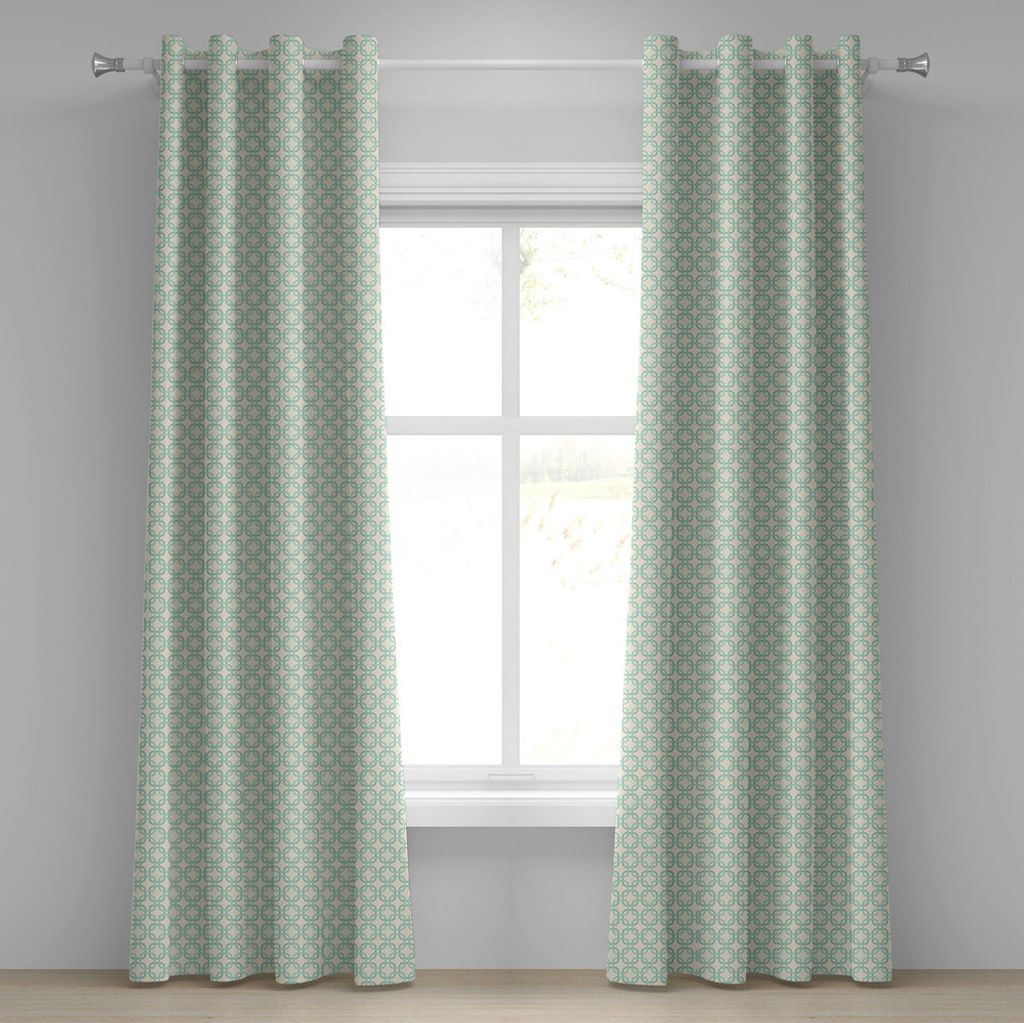 ABAKUHAUS Türkis Ösenvorhang, Retro- runde eingekerbte Quadrate abstrakte geometrische Rechtecke klassische Motive, Dekorative 2-Panel-Fenstervor...