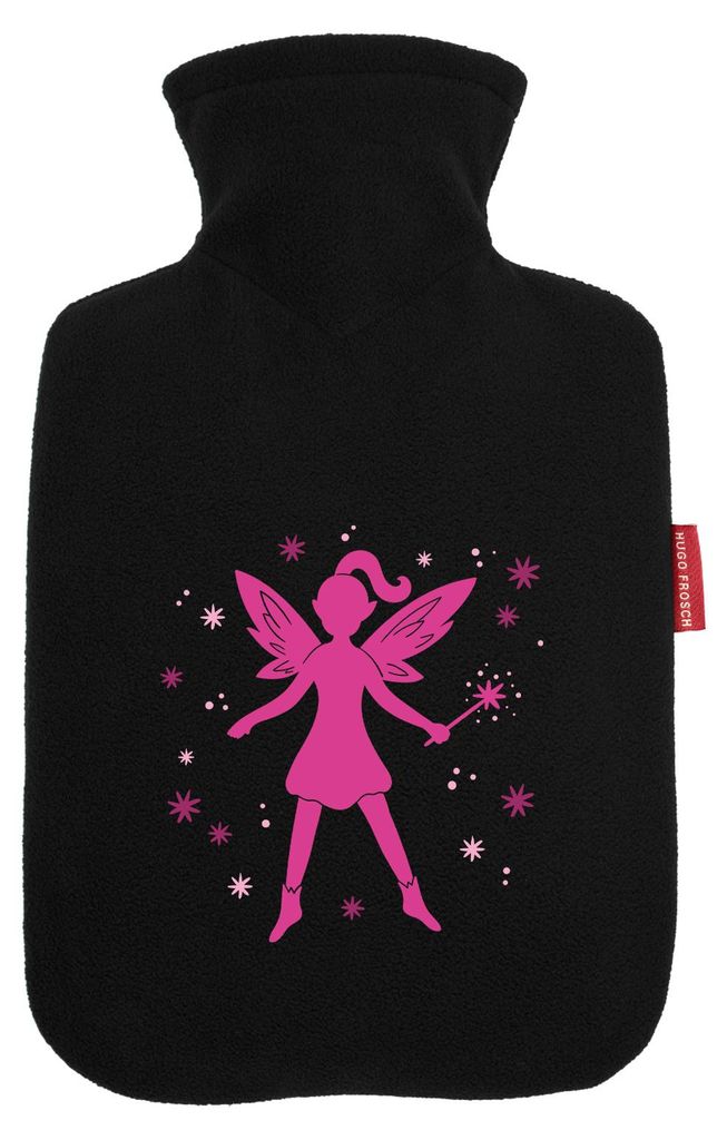 Huuraa Wärmflasche Fee Fabelwesen 1,8 Liter Black Classic Veloursbezug Bettflasche Geschenkidee