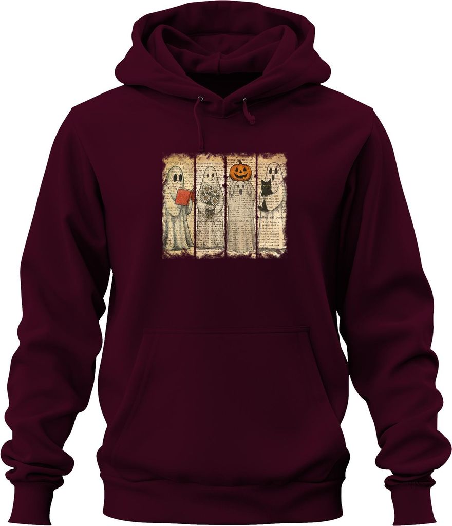 Halloween Geister Vintage Zeitung niedliche Kürbis Katze Blumen Uni Hoodie Kapuzenpullover, Burgundy, M