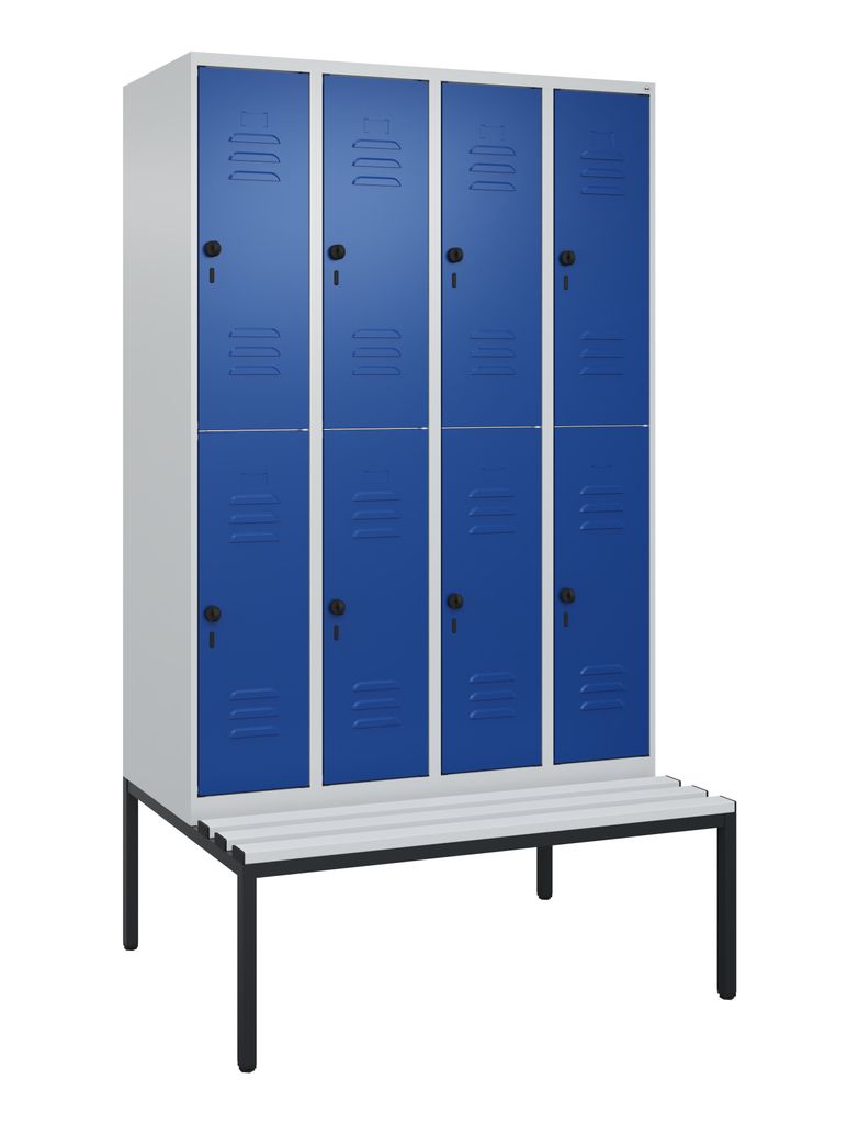 Fächerschrank, untergeb. Sitzbank, BxTxH 1200x500x2120 mm, 4x2 Fächer, Abt.B 300 mm, doppelstöckig, Kunststoffleisten, Drehriegel, RAL 7035/5010