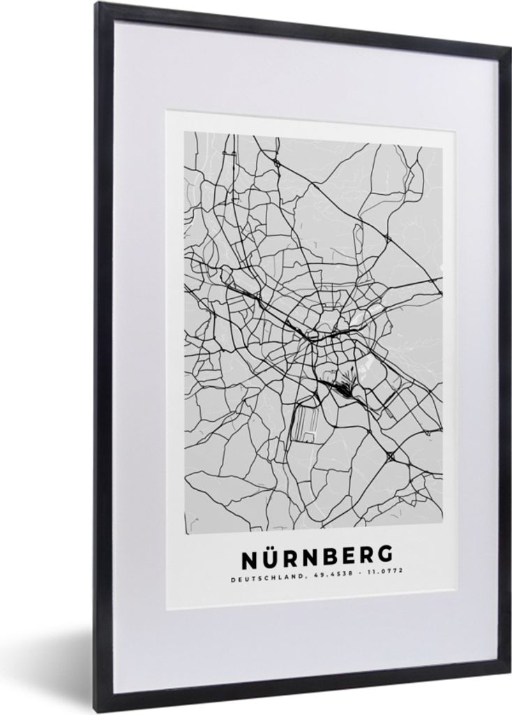 MuchoWow Gerahmtes Poster Mainz - Karte - Stadtplan - Deutschland 40x60 cm - Poster mit Schwarzem Bilderrahmen Wandposter Rahmen Foto Bilder - Po...