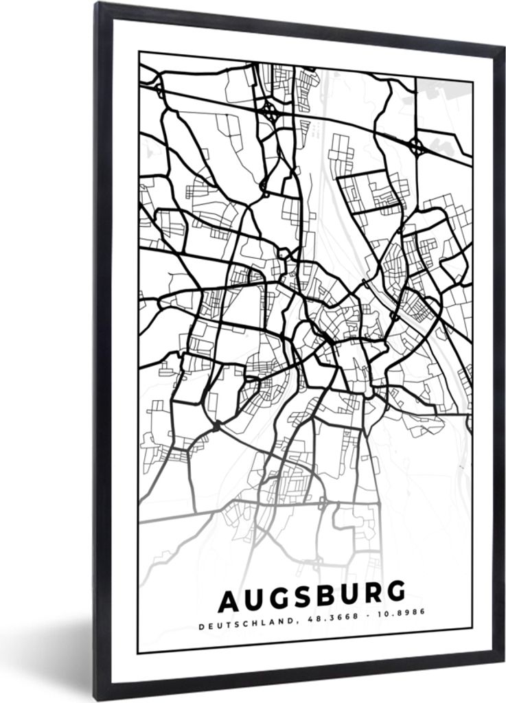 MuchoWow Gerahmtes Poster Karte - Augsburg - Stadtplan 20x30 cm - Poster mit Schwarzem Bilderrahmen Wandposter Rahmen Foto Bilder - Drucken - Bil...