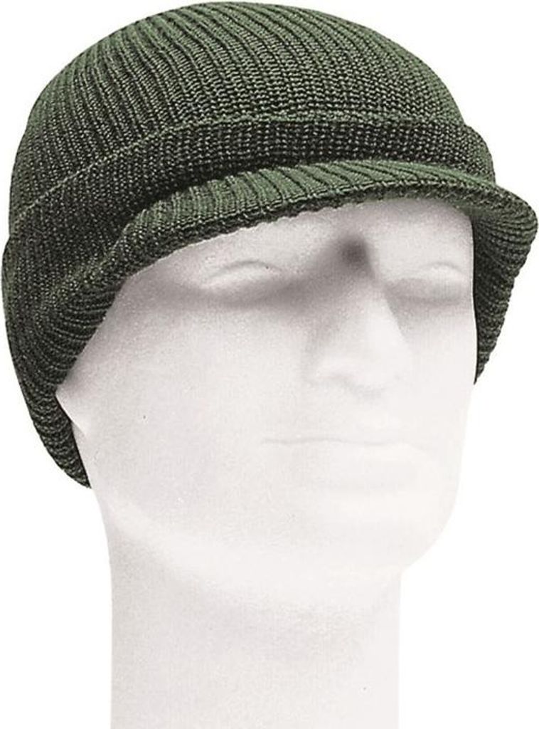 A green knitted cap with a brim, displayed on a white mannequin head against a white background.