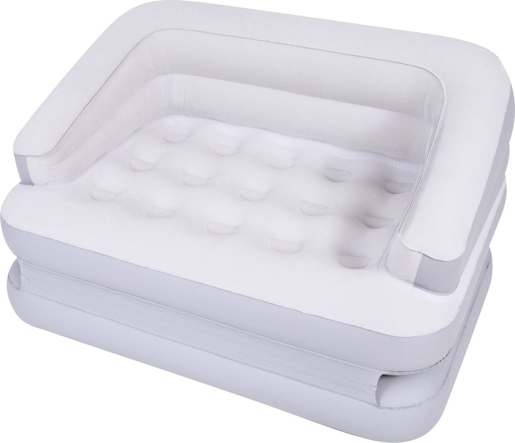 A white and gray inflatable sofa or air mattress, shown from a diagonal front-above angle on a white background.