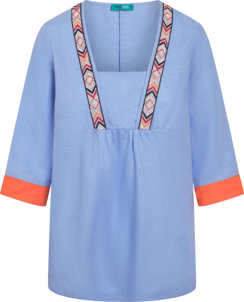 Edle blaue Leinen Bluse Happy mit Gold/Silber-Applikationen