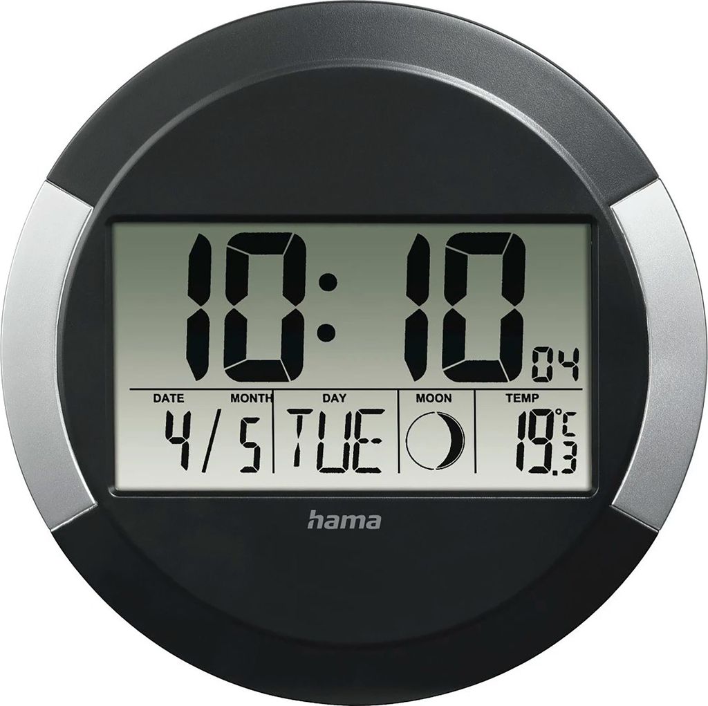 A digital wall clock displaying the time, date, day, moon phase, and temperature.