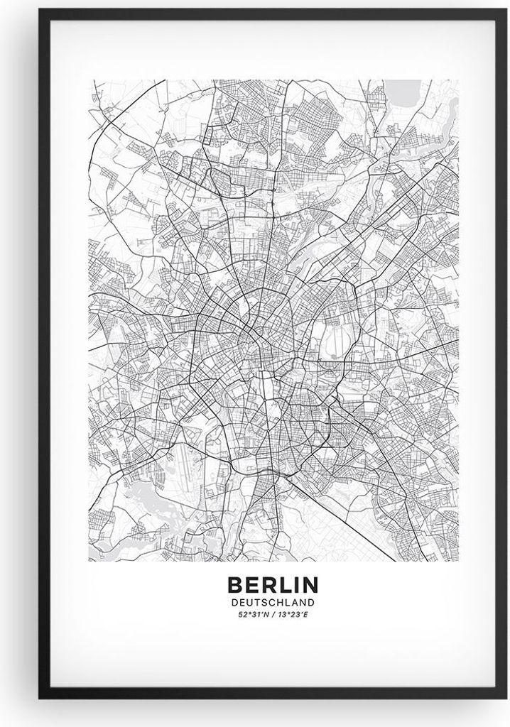 Gerahmtes Poster - Schwarzer Rahmen - Stadt Karte Berlin - 61x91,5 cm - Wand Bild - Wanddeko - Wandbilder - Kunstposter - Wandposter - Bilderrahmen...