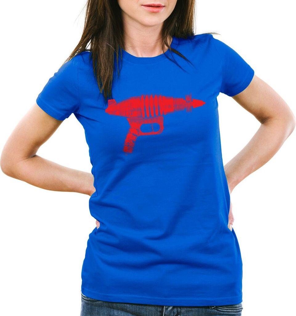 style3 Sheldon Space Gun Damen T-Shirt, Farbe:Blau, Größe:S