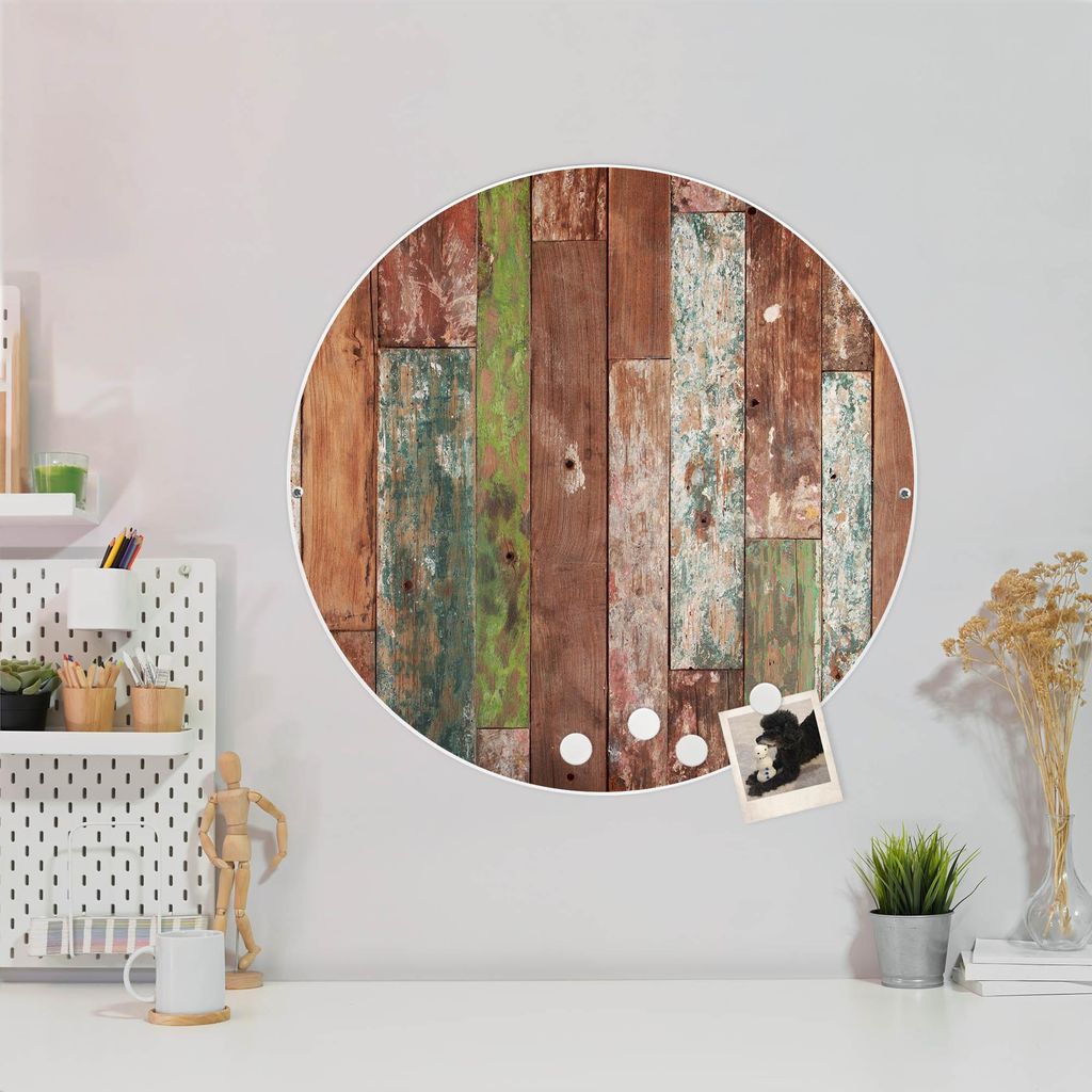 Design Stahlmagnettafel Weiß Rund 47cm Buntes Holz