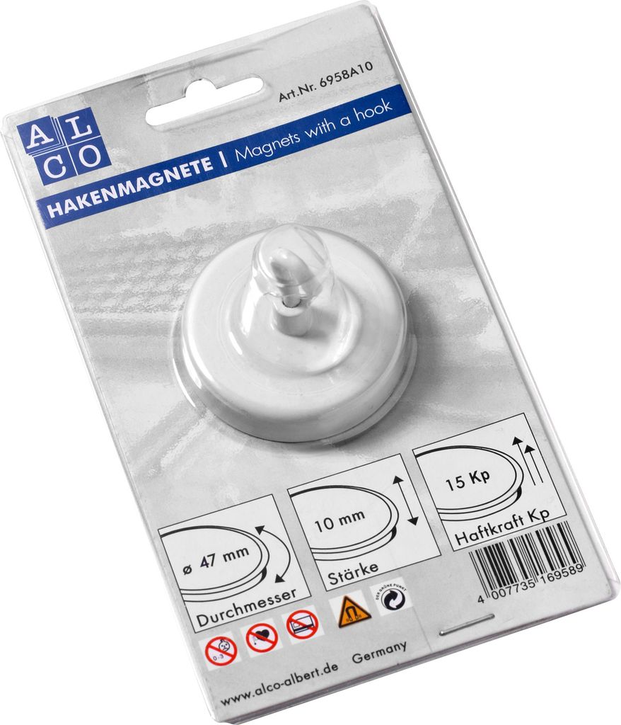 Alco Hakenmagnete, rund, Weiß, Ø 47 mm, Haftkraft min. 15 kp,