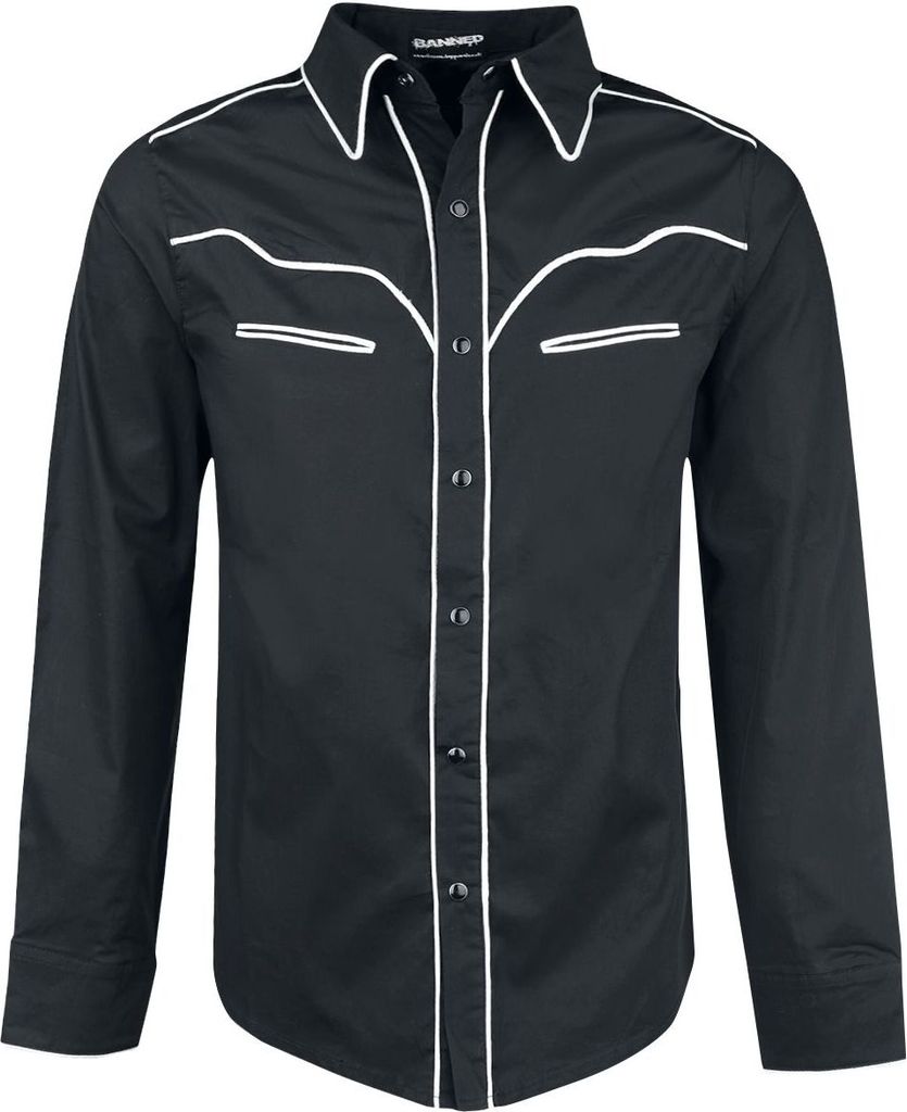 Banned Alternative Langarmhemd Herren Plain Trim schwarz/weiß 4XL