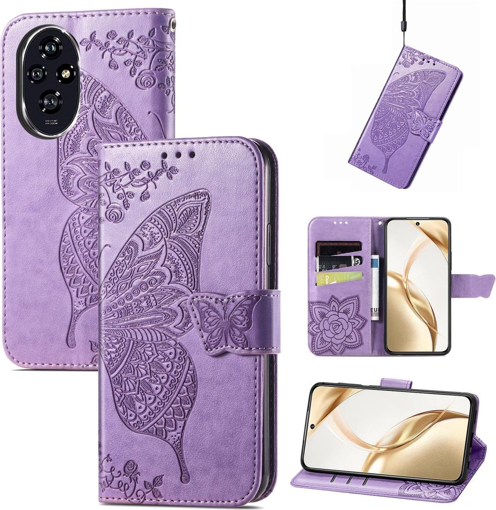 Für Honor 200 Kunstleder Wallet Handy Tasche Schmetterling Design Hülle Etuis Hell-Lila