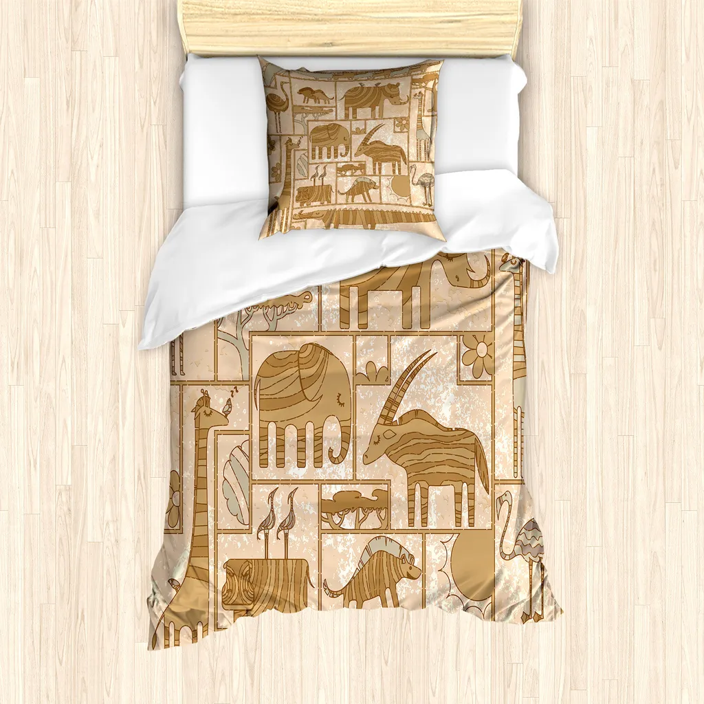 Set copripiumino ABAKUHAUS per letti singoli, animali grunge storici, antiacaro, adatto a chi soffre di allergie, con federa, 135 cm x 200 cm - 80 x 80 cm, color pesca cammello