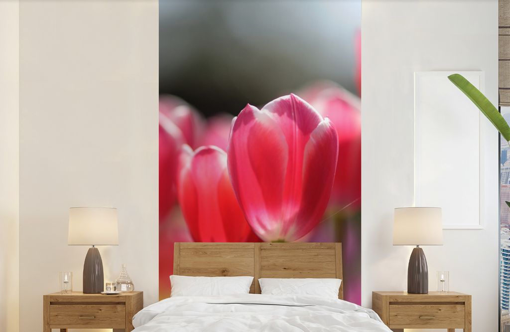 MuchoWow Fototapete für Wohnzimmer oder Schlafzimmer Wandtapete Vinyl Motivtapete Rosa Tulpenblüten - 120x240 cm - Hintergrundbild