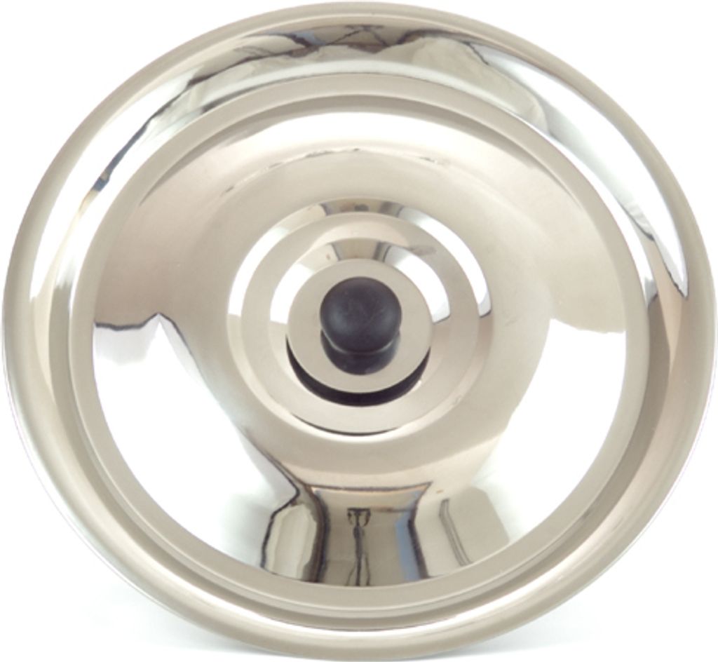 A top-down view of a stainless steel pot lid with a black handle.