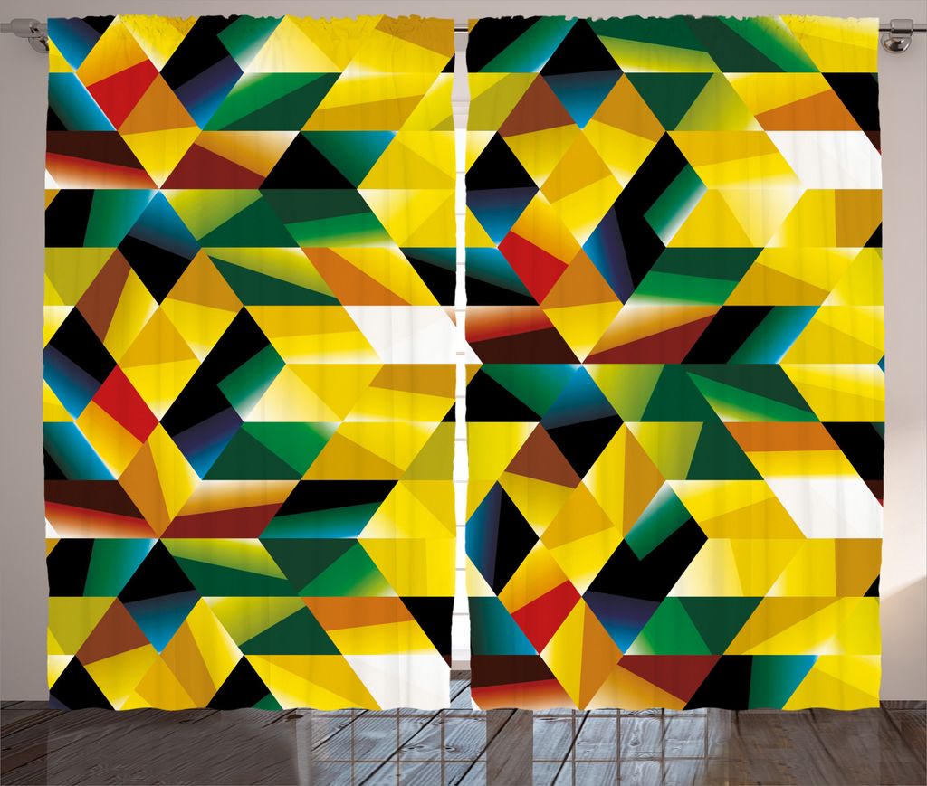 ABAKUHAUS Gelb Rustikaler Vorhang, geometrische Grün, Wohnzimmer Universalband Gardinen mit Schlaufen und Haken, 280 x 175 cm, Gelb Dunkelgrün