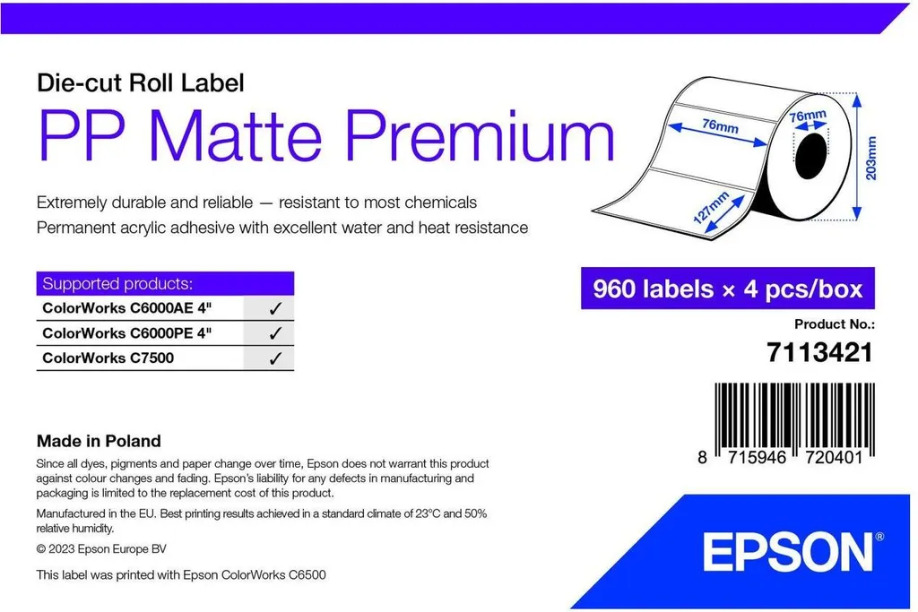Rotolo Etichette Epson 7113421 Bianco | PP Matte 76x127mm Originale