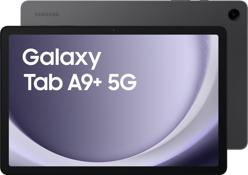 A Samsung Galaxy Tab A9+ 5G tablet is shown from the front and back.