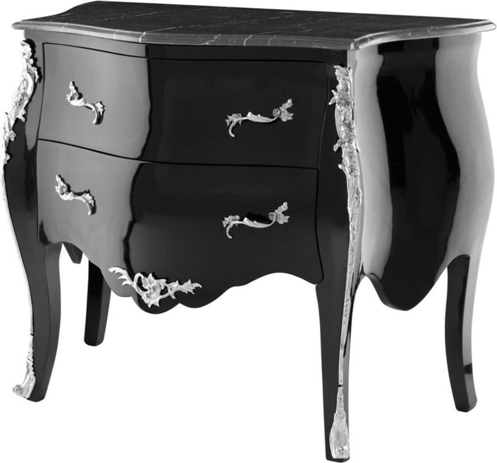 Casa Padrino Luxus Barock Kommode mit 2 Schubladen und Marmorplatte Hochglanzschwarz / Silber / Schwarz 100 x 53 x H. 85 cm - Luxus Möbel im Baroc...