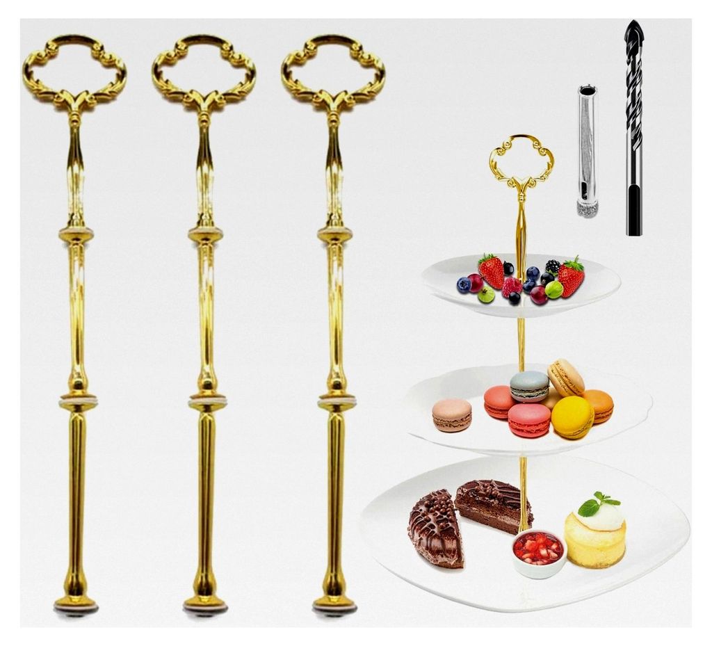 Etagere Stangen Set, Gold Bausatz für Etageren (mit Bohrer, Blume, Gold, 3 Stück)