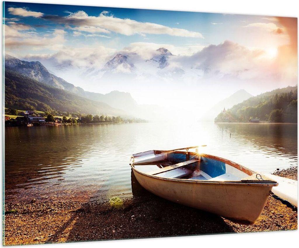 Bilder auf glas - Berge See Boot - 100x70cm - Glasbilder - Wandbilder - Kunstdruck - zum Aufhängen bereit - Wanddekoration aus Glas - Glas Bilder ...