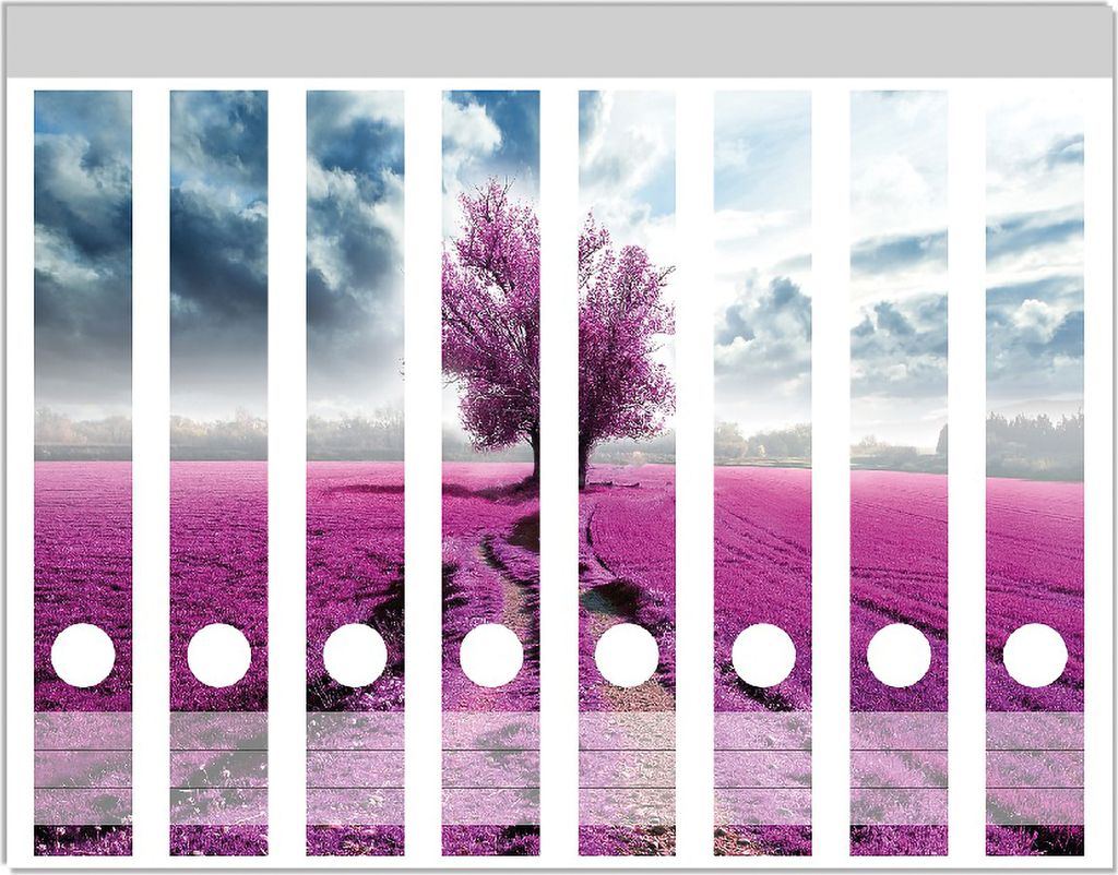 Wallario Ordnerrücken Sticker, selbstklebend für schmale Ordner, 8 Stück, Motiv Surreales Blumenfeld lila Blumen auf dem Feld