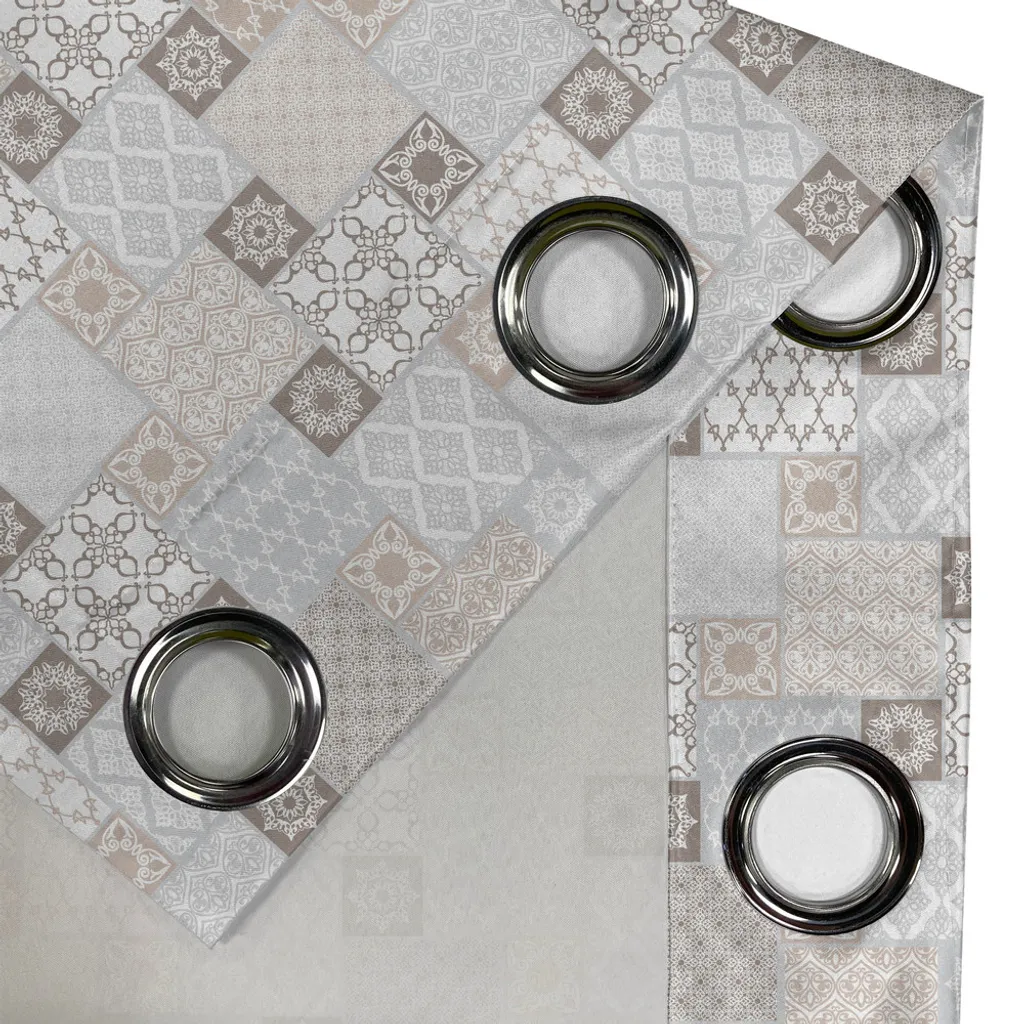 Rideau style patchwork oriental gris taupe 280x175 cm à œillets solides