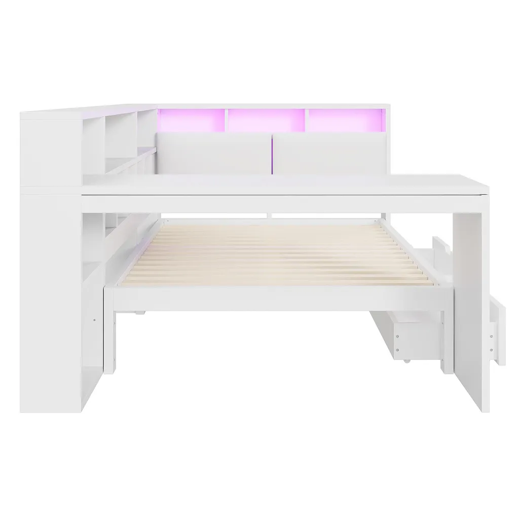Lit Banquette 140x200 Bureau Intégré : Solution Rangement et LED - 5