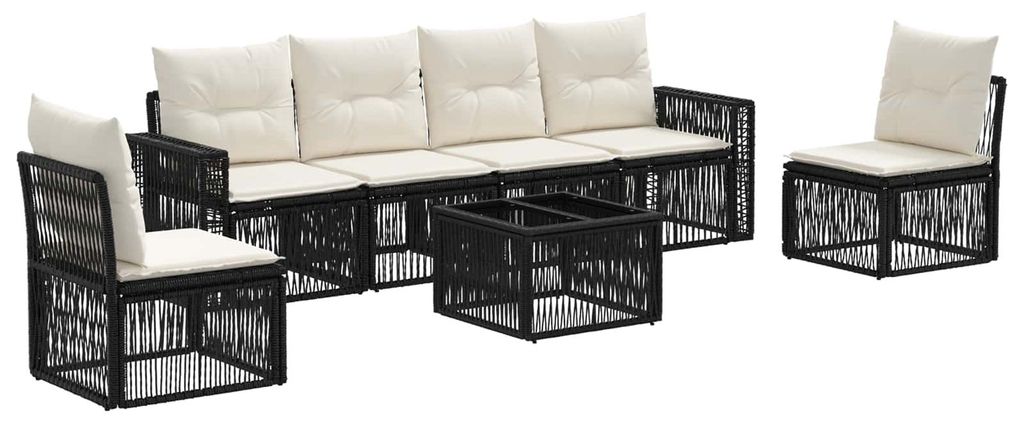 Gartensofa-set 7 pcs Schwarz und Cremeweiß Poly-Rattan