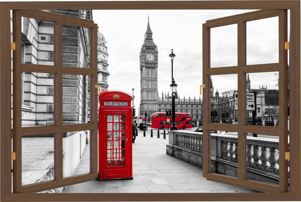 HUBDECO - Wandtattoo - Wanddeko - Selbstklebende Folie - Poster - Wandsticker, Poster 3d Effekt, Selbstklebende Tapete, Fenster & City Motiv - Lond...