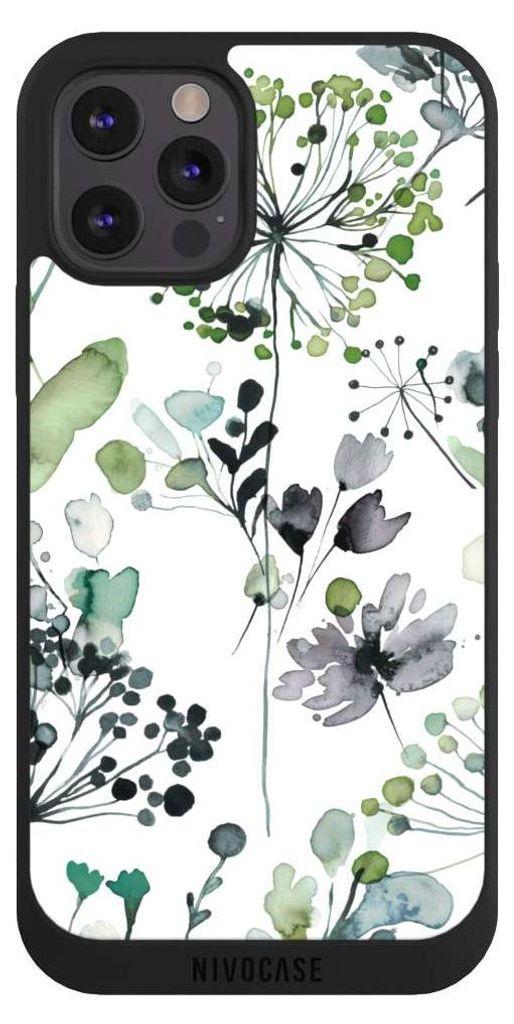 NIVOCASE Handyhülle für Apple iPhone 12 Pro Hülle NIVOpure Case Schwarz Blumen Wasserfarbe Eukalyptus