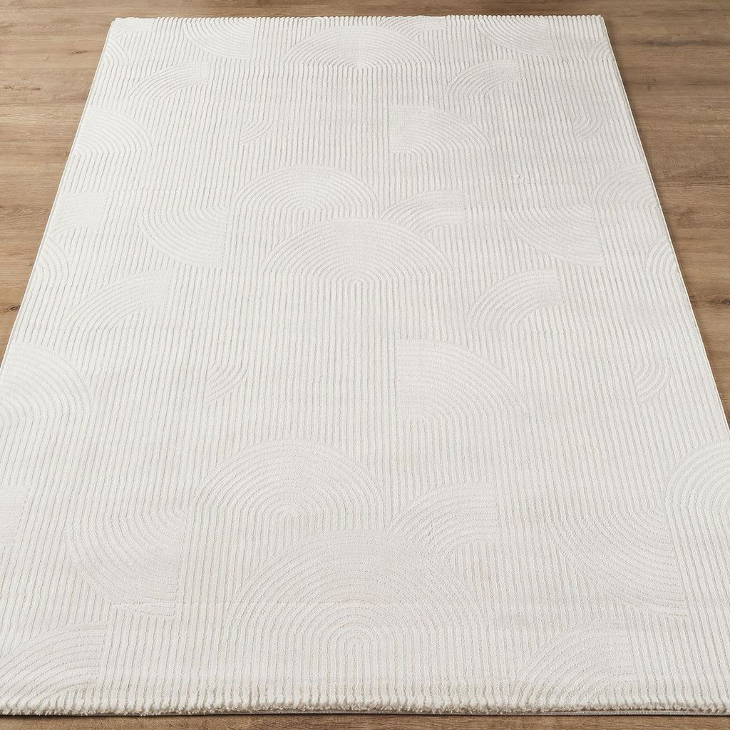 Moderner Teppich Wohnzimmer Schlafzimmer Abstrakt Einfarbig 3D Optik Creme 200x290 cm