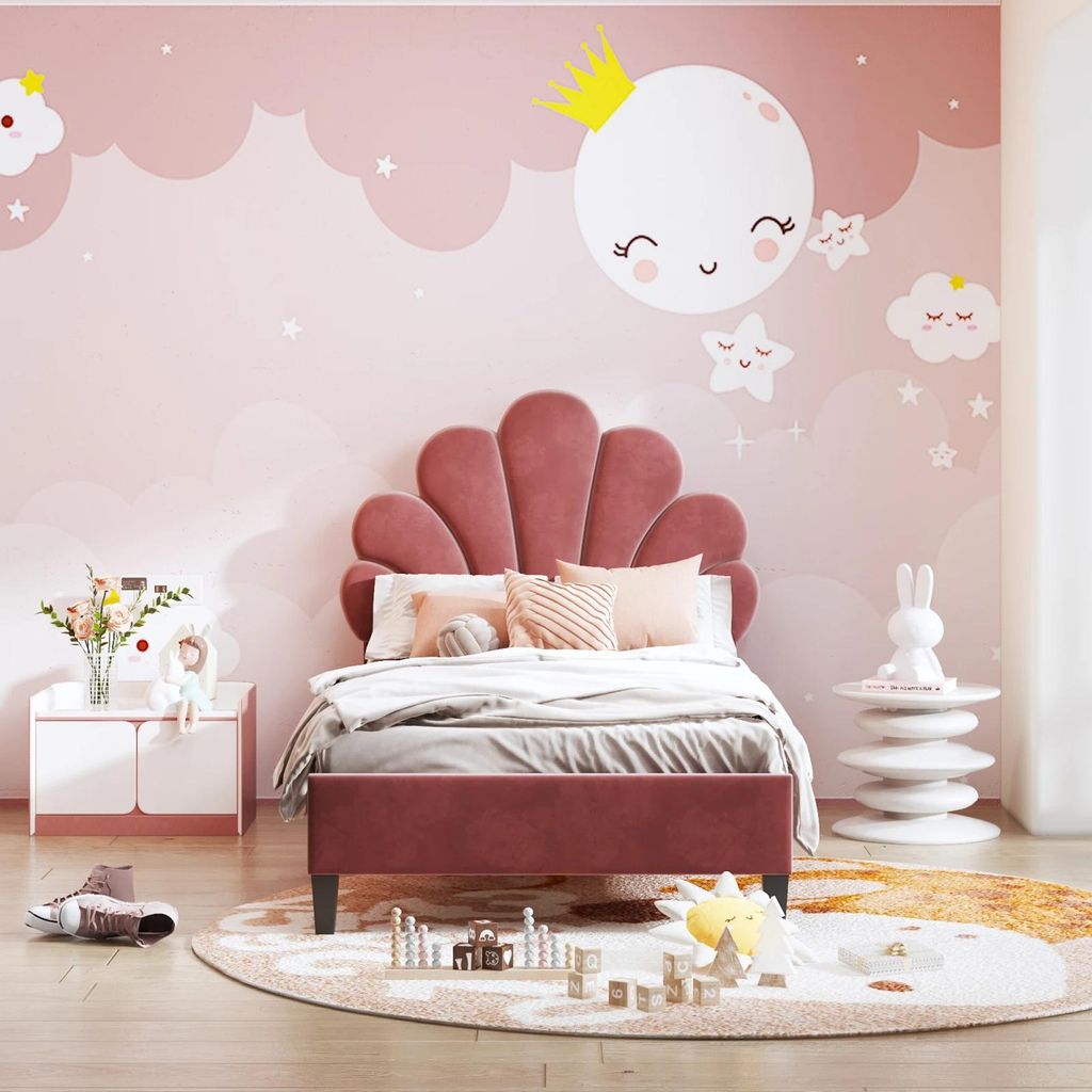 Kinderbett - Einzelbett 90x200 cm - Höhenverstellbares Kopfteil - Blumenform - Samtpolsterung - Metallrahmen - Weinrot