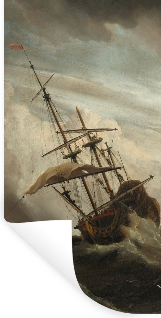 MuchoWow Wandtattoo Wandsticker Wandaufkleber Ein Schiff auf offener See während eines Sturms - Gemälde von Willem van de Velde 80x160 cm Selbs...