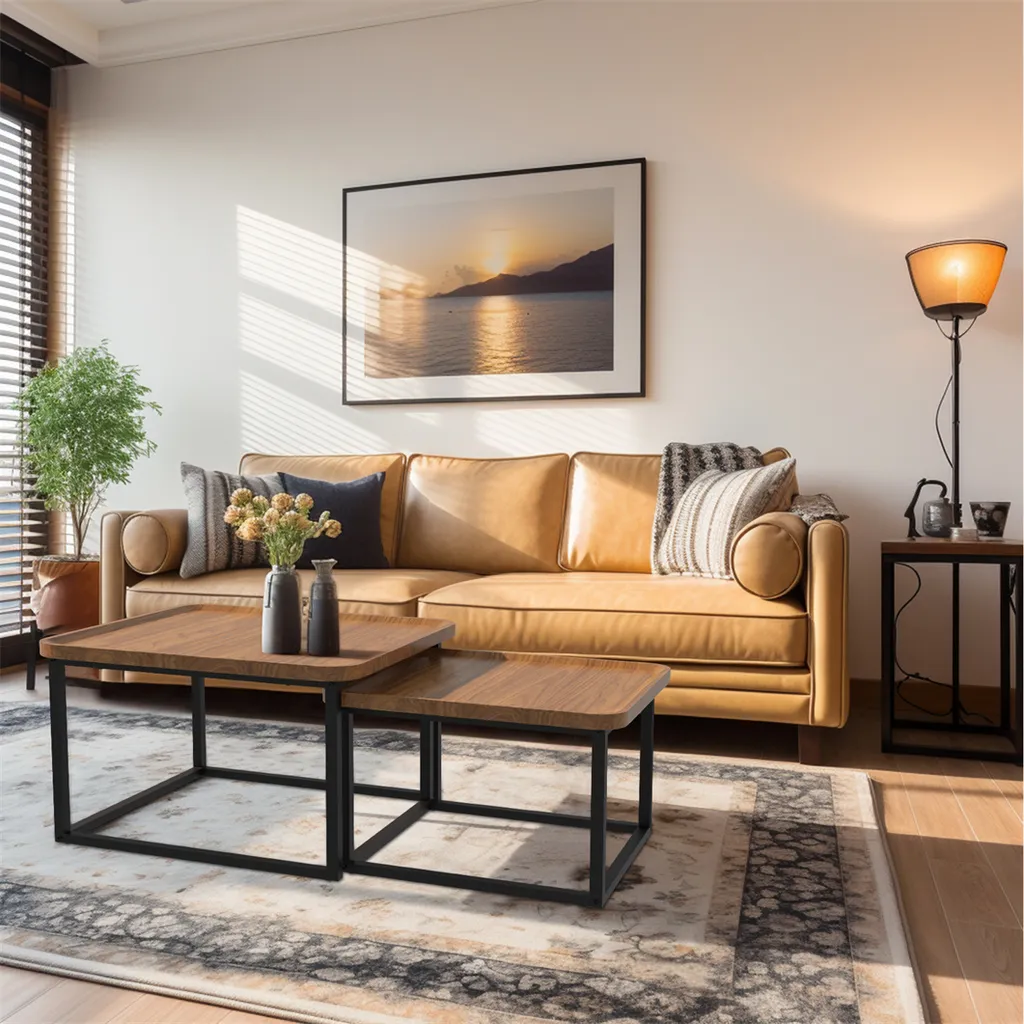 Table Basse Double et Table d'Appoint Salon Moderne Effet Bois Naturel