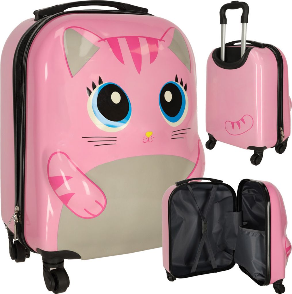 A collage of images showing a pink cat-themed children's suitcase from different angles, including an open view.
