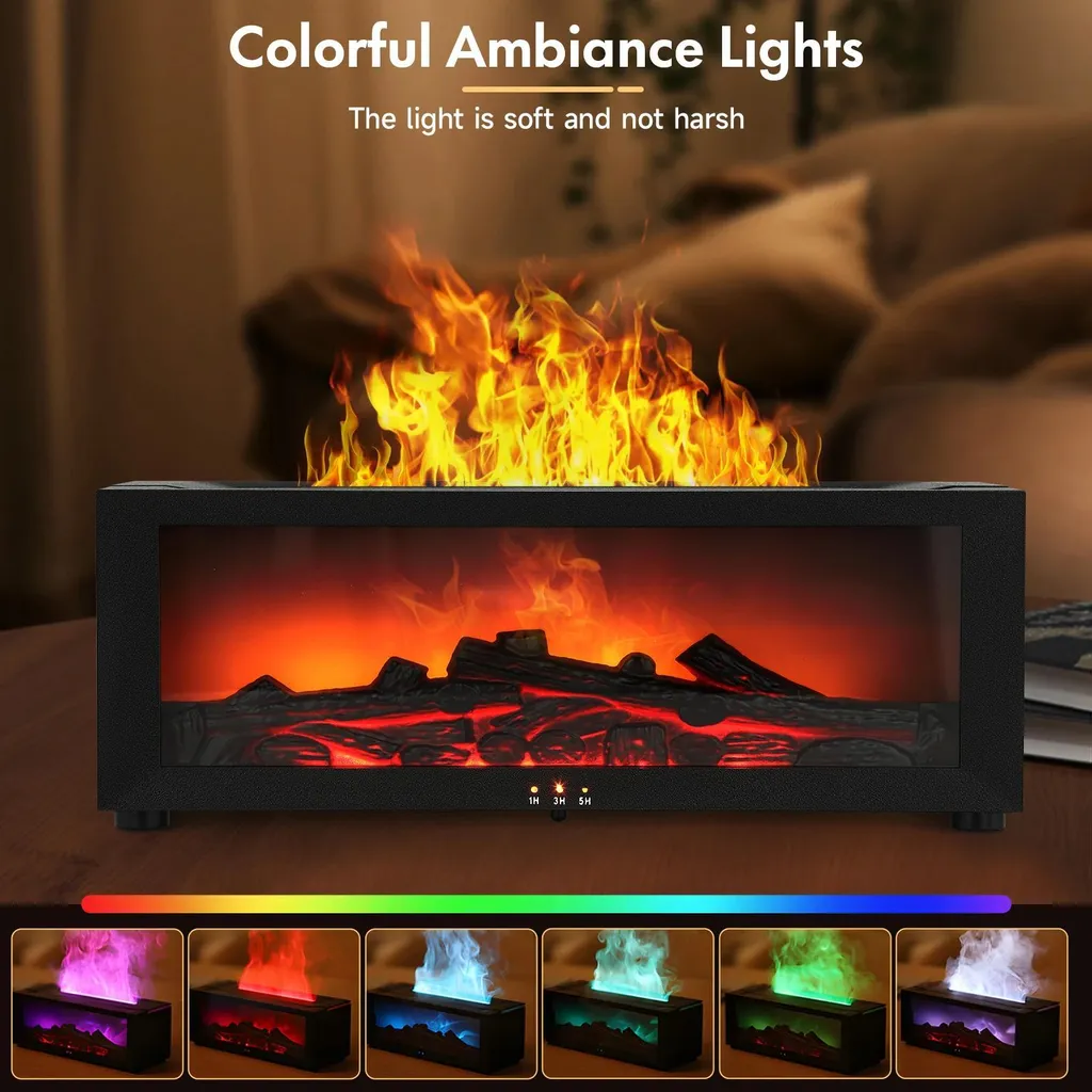Diffusore Di Aromaterapia Con Fiamma Simulata 130 Ml – Luce LED 7 Colori E Telecomando – Umidificatore Silenzioso Per Oli Essenziali – Marrone - 3