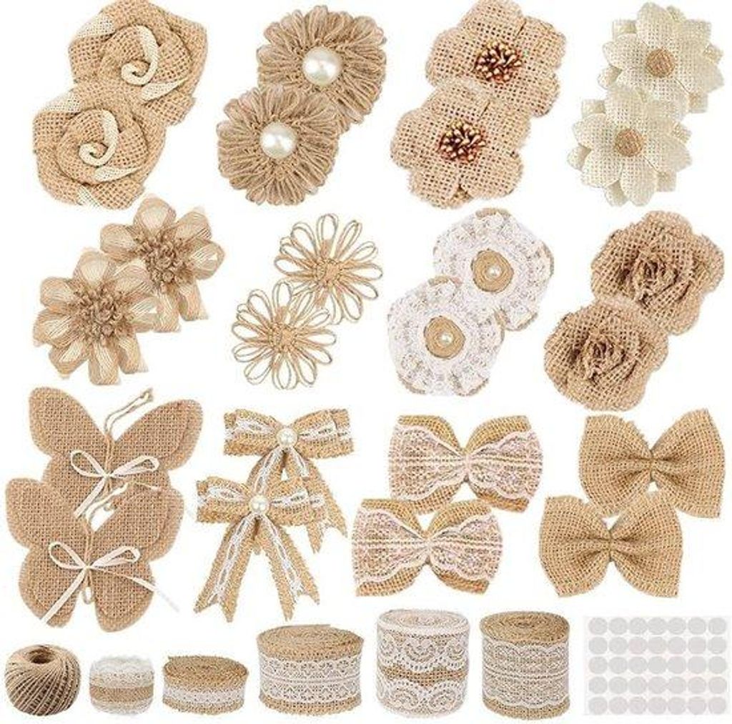 30er Sackleinen-Blumen-Set mit 24 handgefertigten Blumen-Sackleinen und Schleifenknoten, 5 Spitzen-Sackleinen-Bandrollen, Schnurband und Klebepunkt...