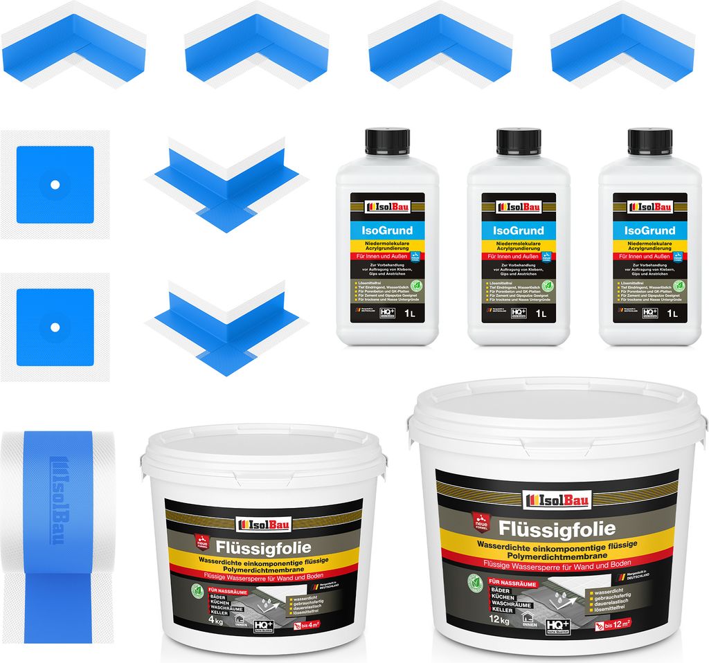 Isolbau Dicht-Set - Inkl. 1x Flüssigfolie (16 kg), 3x Isogrund (je 1 L), 1x Dichtband (20 m), 4x Innenecken, 2x Außenecken & 2x Manschetten