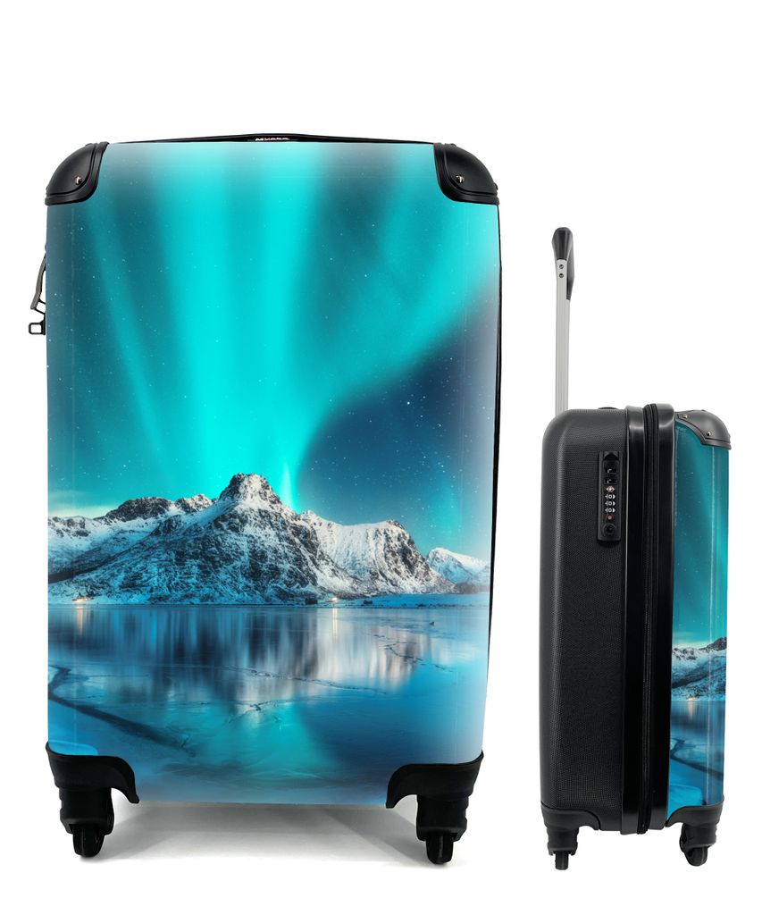 MuchoWow Koffer Handgepäck Trolley Rollkoffer Kleine Reisekoffer mit 4 Rollen - Nordlicht - Eis - Schnee - Norwegen - Blau - Berge - Cabin Size ...