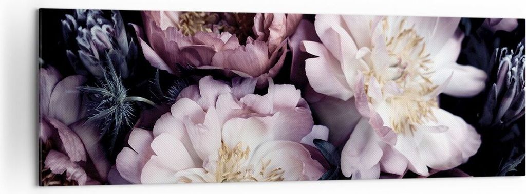 Bild auf Leinwand - Leinwandbild - Einteilig - Pfingstrosen Veilchen Blumen - 160x50cm - Wand Bild - Wanddeko - Wandbilder - Leinwanddruck - Bilder...