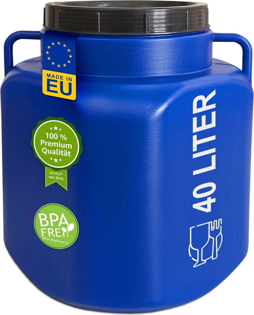 plasteo 40 Liter Weithalsfass eckig mit Deckel und Griffen, Lebensmittelecht und BPA-Frei Gepäcktonne Sauerkrautfass Futtertonne Universalfass